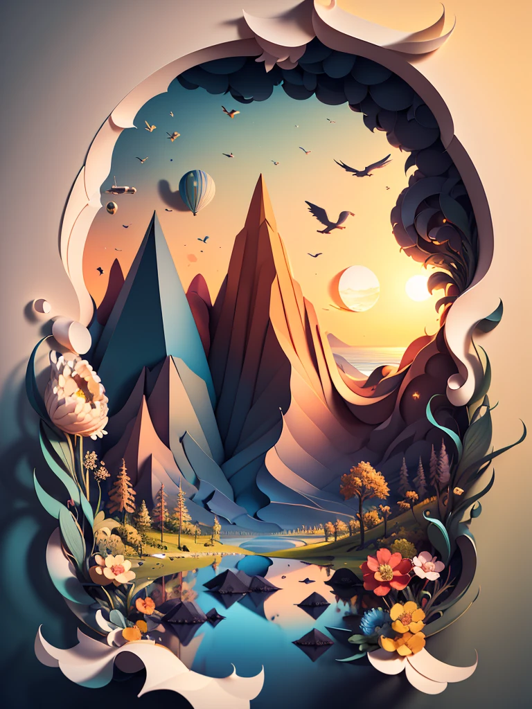 (((masterpiece))),best quality, illustration, sunset, Water color painting, light background, best quality exquisite details,3d rendering,Octane render, pastel, paper_cut.