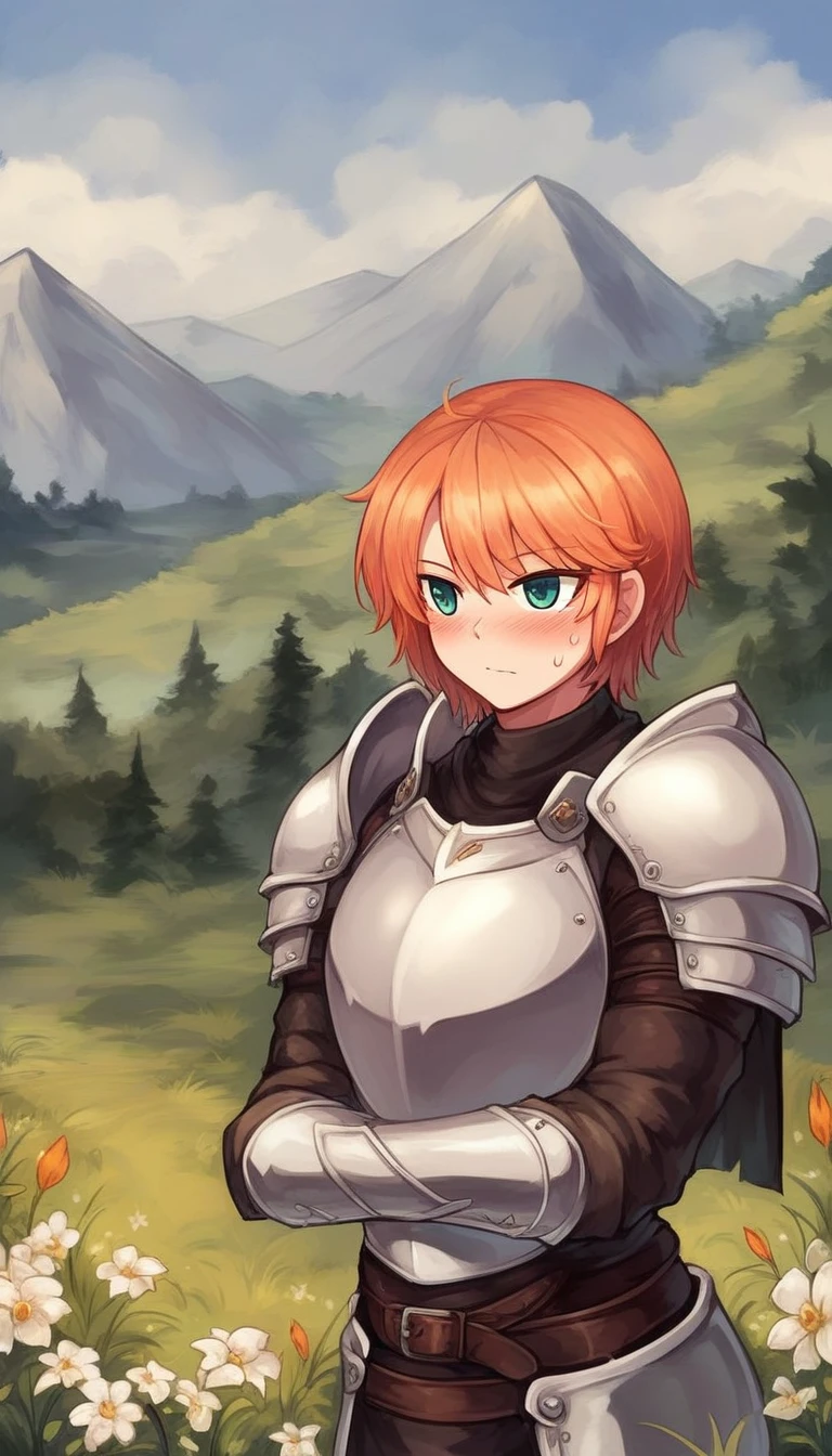 score_9, score_8_superior, score_7_superior, score_6_superior, score_5_superior, score_4_superior, evaluation_Safety, One girl, Outdoor, armor, alone, Green Eyes, Mountain, Orange Hair, View your viewers, shoulder armor, short hair, breastplate, superiorper body, Day, null, Mouth closed, flower, blush, Scapula, Mountainous horizon, bangs, blue null, Grass 
