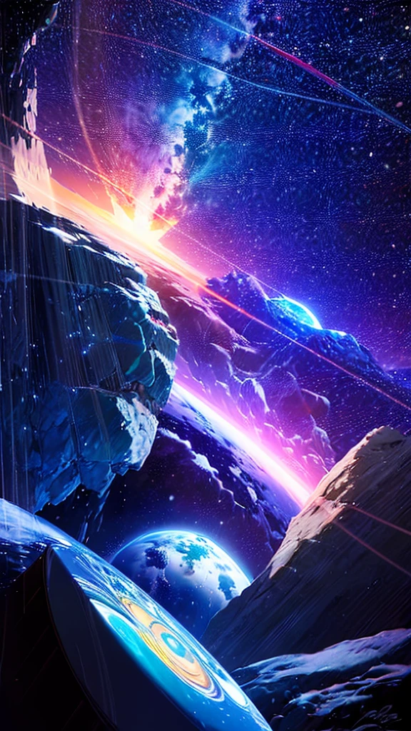 masterpiece、background（（Amazing starry sky、Cosmos、Meteors、Black Hole、Iridescent colors））depth（（Planet that emits white））、View from below