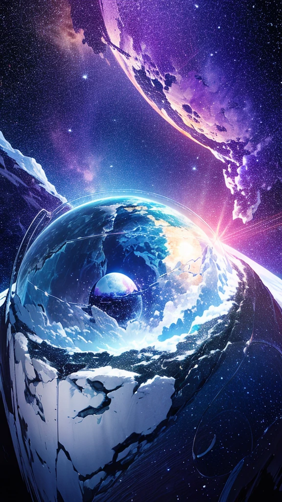 masterpiece、background((Amazing starry sky、Cosmos、Meteors、Black Hole、Iridescent colors))depth((Planet that emits white))、View from below