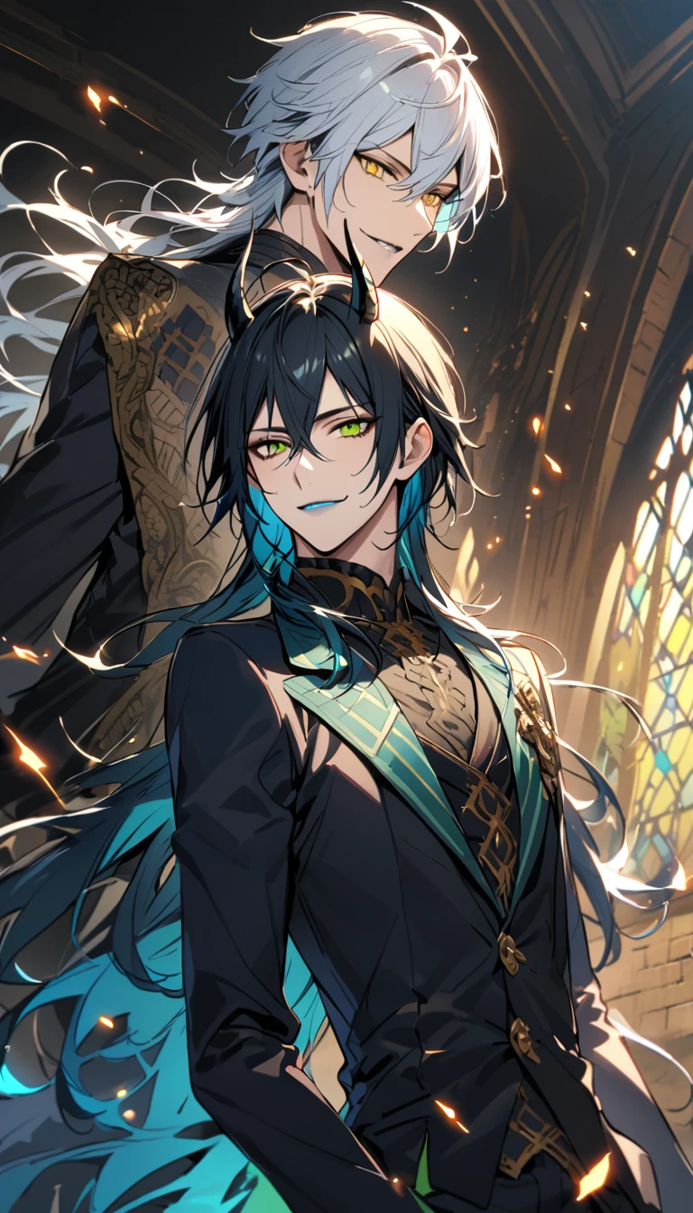 (pieces fly), (highest quality), very detailed, ((two men)), perfect face, beautiful face, very detailed face,(black haired man:1.3),(white haired man:1.3),suit,shirt,smile,flower, (1st boy,Idia Shroud, bishounen, boy, male, extremely long hair, blue hair, blue fire hair, wavy hair, yellow eyes, tired expression, blue lips, handsome, skinny, geeky, blue glow, shark teeth,) (2nd boy, malleus draconia \(twisted wonderland\) horns, bishounen, boy, male, long hair, black hair, yellow green eyes, smile, gray lips, handsome, skinny, tall, yellow green glow,)