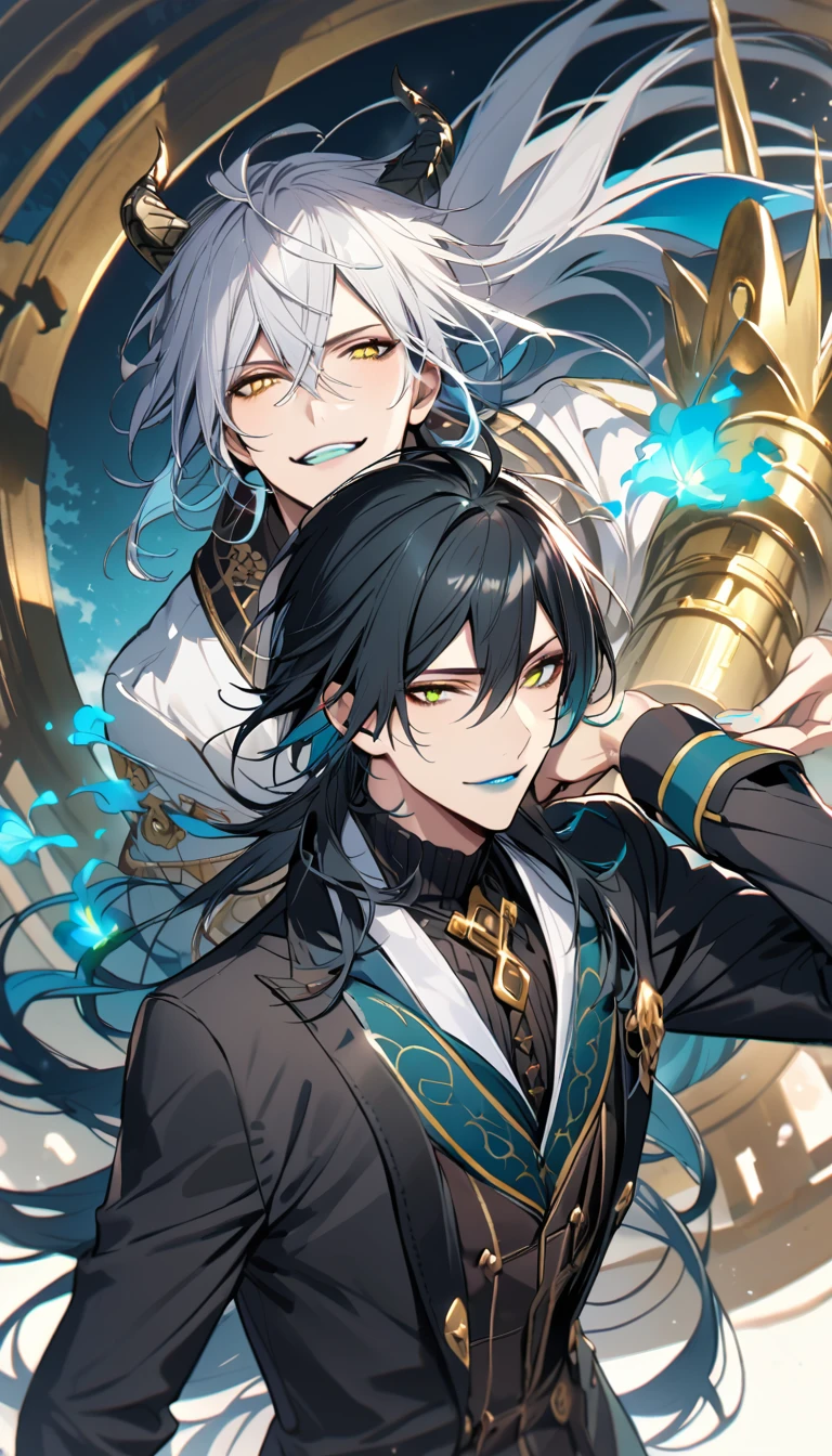(pieces fly), (highest quality), very detailed, ((two men)), perfect face, beautiful face, very detailed face,(black haired man:1.3),(white haired man:1.3),suit,shirt,smile,flower, (1st boy,Idia Shroud, bishounen, boy, male, extremely long hair, blue hair, blue fire hair, wavy hair, yellow eyes, tired expression, blue lips, handsome, skinny, geeky, blue glow, shark teeth,) (2nd boy, malleus draconia \(twisted wonderland\) horns, bishounen, boy, male, long hair, black hair, yellow green eyes, smile, gray lips, handsome, skinny, tall, yellow green glow,)