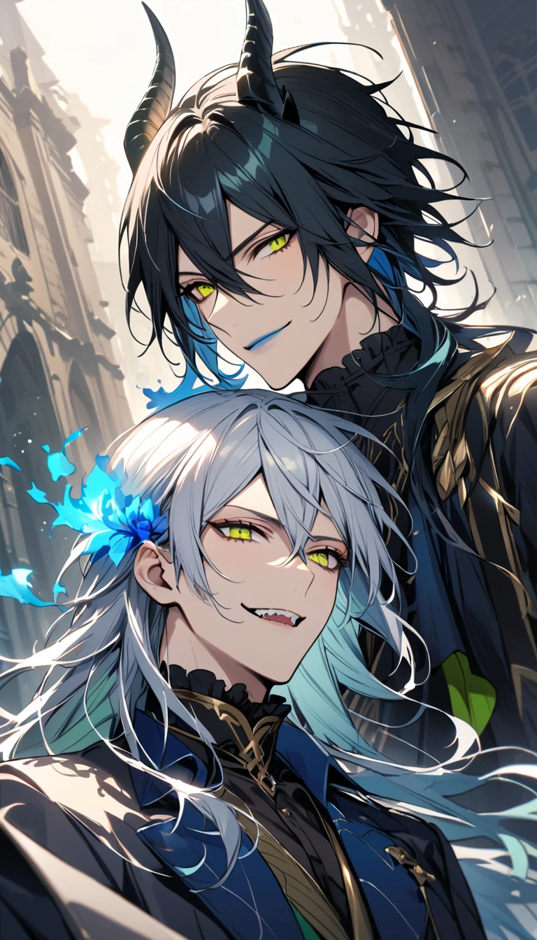 (pieces fly), (highest quality), very detailed, ((two men)), perfect face, beautiful face, very detailed face,(black haired man:1.3),(white haired man:1.3),suit,shirt,smile,flower, (1st boy,Idia Shroud, bishounen, boy, male, extremely long hair, blue hair, blue fire hair, wavy hair, yellow eyes, tired expression, blue lips, handsome, skinny, geeky, blue glow, shark teeth,) (2nd boy, malleus draconia \(twisted wonderland\) horns, bishounen, boy, male, long hair, black hair, yellow green eyes, smile, gray lips, handsome, skinny, tall, yellow green glow,)