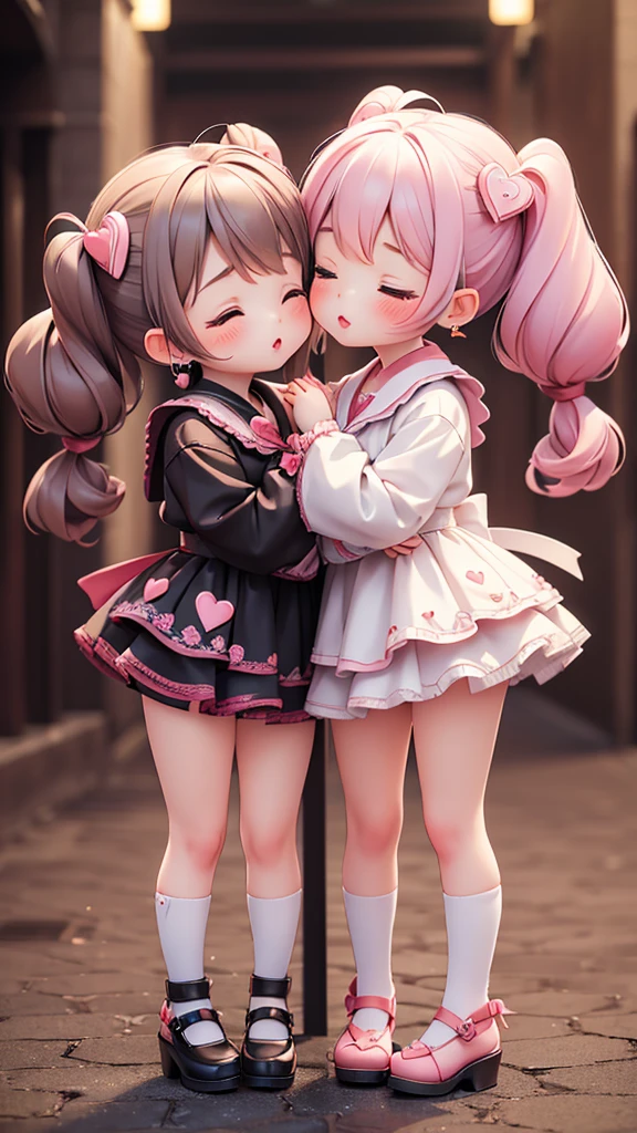 ((petite bishojo, 2girls)), ((kawaii face)), ((heart-shaped pupils)), (masterpiece), (top quality), ((hyper detailed)), (beautiful and aesthetic), (super detailed skin), (high standard), (high resolution), (perfect anatomy), (full body), (red cheek), ((jirai kei, ground mine)), (earring), (lipstick), ((closed eyes, cheek to kiss))