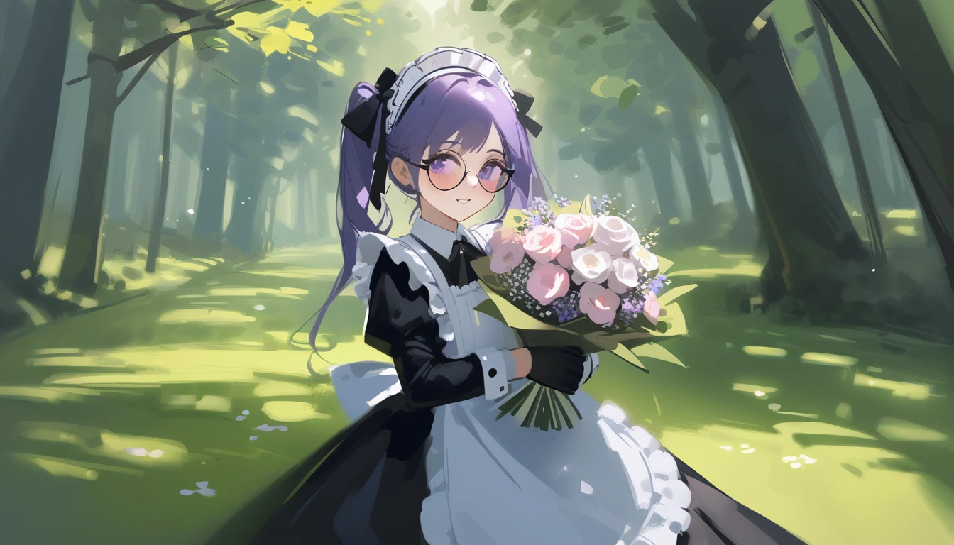 Ciloranko,  wlop, 1girl,  独奏,  flower,  bouquet,  purple eyes,  maid headdress,  looking at viewer,  maid,  apron,  full body, long hair, twintails,  holding,  white background,  long sleeves,  holding bouquet,  dress,  bow,  juliet sleeves,  puffy sleeves,  blush,  Spring Flowering Forest, parted lips,  frills,  ribbon,  two side up,  hair bow,  maid apron one girl, super high quality, Super Detail, Super Detailed image, long hair, looking at viewer, skirt, shirt, hair ornament, violet eyes,black gloves, round glasses, long sleeves,violet hair, round glasses, Flat Chest, smile