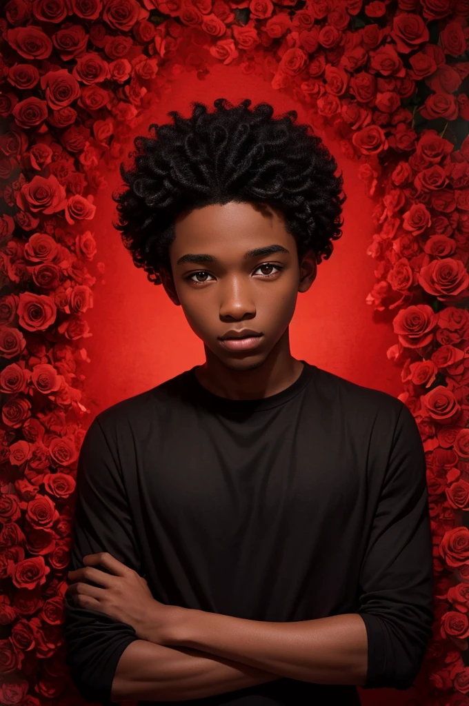 black boy illustration, curly, surrounded by red roses