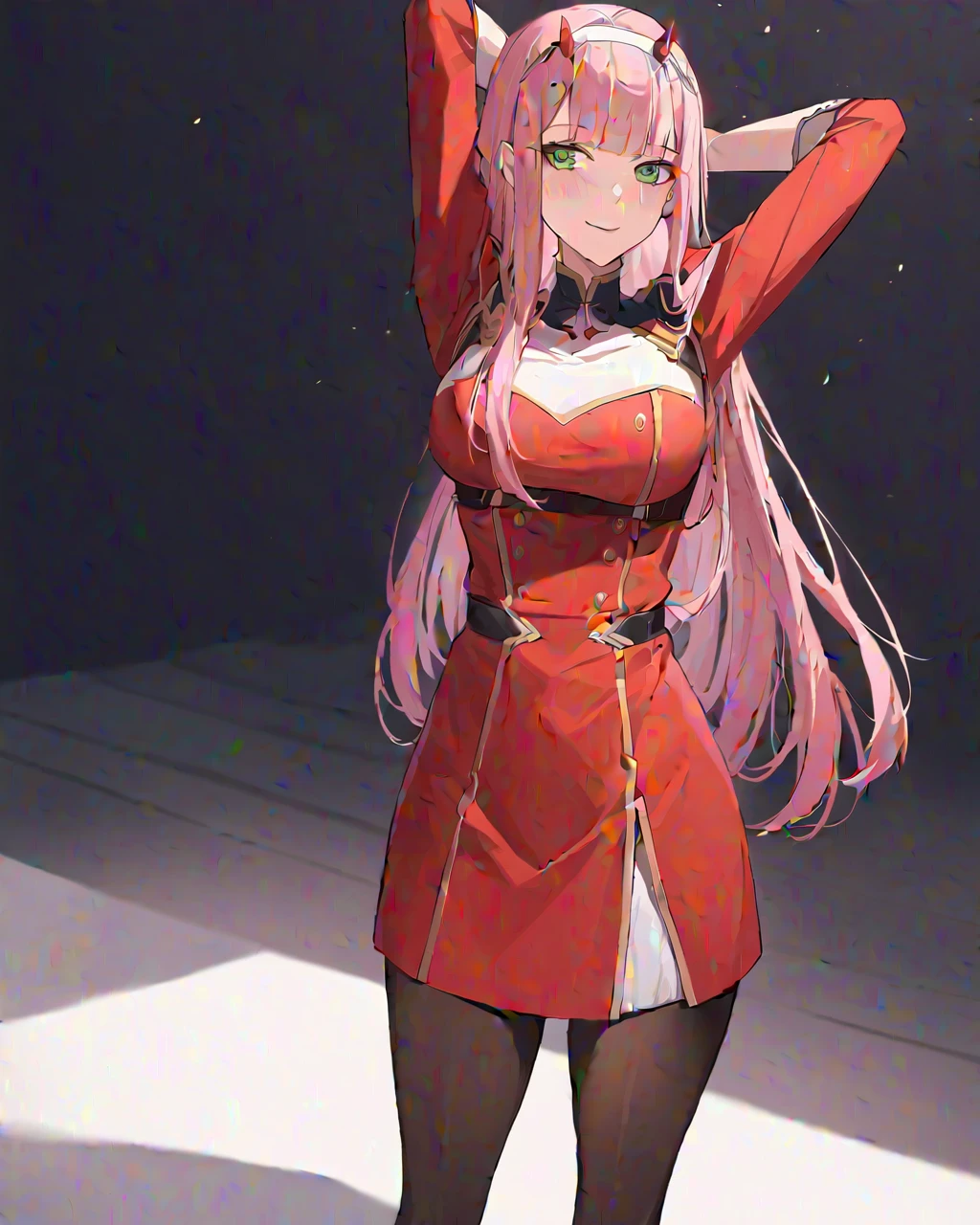 masterpiece, 最高品質ï¼Œ 1人of女of子, 一人in, zero_two_\(darling_in_of_Franks\), length_hair, horn, pink_hair, pantyhose, chest, hairband, smile, looking_in_Audience, black_pantyhose, Moderate_chest, white_hairband, Simple_background, arms_behind_head, arms_superior, 前hair, green_eye, dress, Closed_mouth, red_horn, uniform, red_dress, very_length_hair, straight_hair, standing, tie