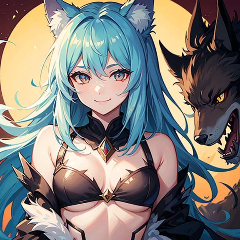 a smiling hybrid girl, half wolf half dragon.