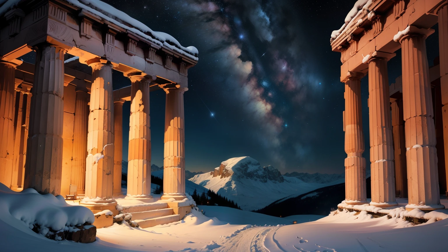 Late night,Starry Sky,Different world interior scene,Interior of the Parthenon,There are snowy mountains outside