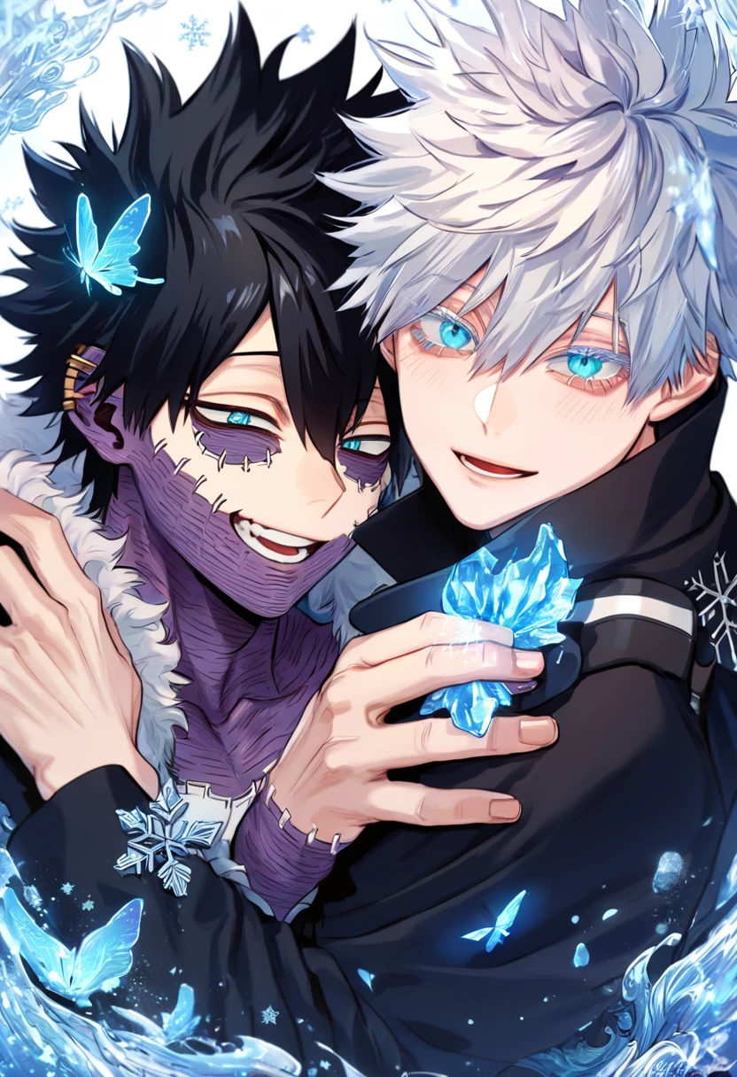 absurdres, highres, ultra detailed, HDR, master piece, best quality, extremely detailed face, delicated features, Dabi, black hair, expressive turquoise eyes, Boku No Hero Academia, Gojou Satoru, white hair, expressive blue eyes, white eyelashes, two sexy men hugging, yaoi, gay couple, handsome, smiling, blue jacket with fur, black coat, fantasy, magical, ice, blue fire, ice butterflies, snowflakes, starry night