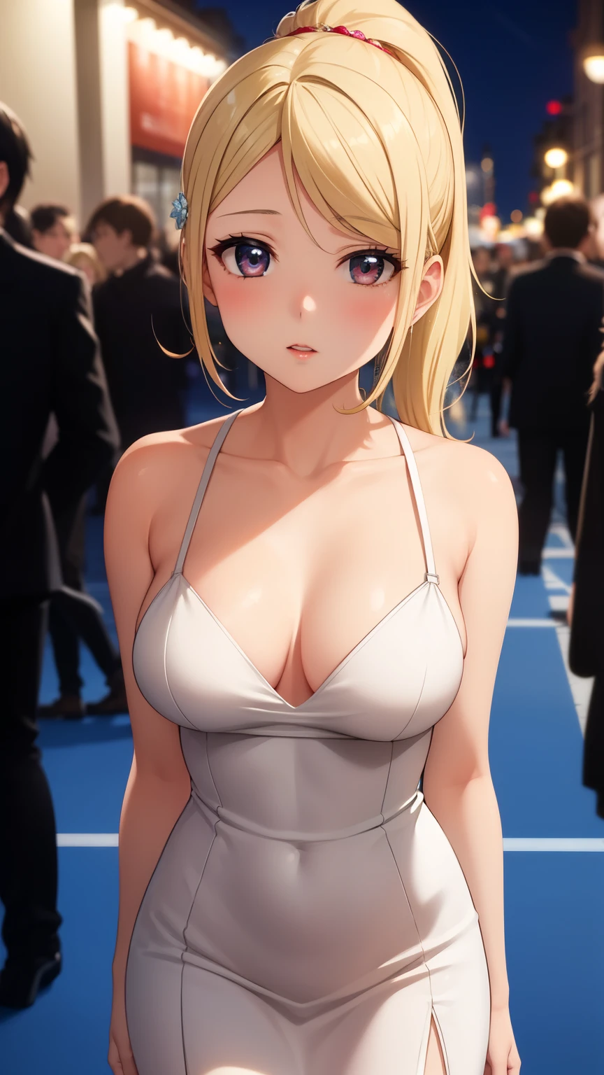 masterpiece, best quality, highly detailed, ultra high res, ayase arisa, 1girl, solo, hair ornament, long blonde hair, glossy lips, medium breasts, detailed eyes, ponytail, city street, night, red carpet, crowd, dress, ( slit skirt:0.8)