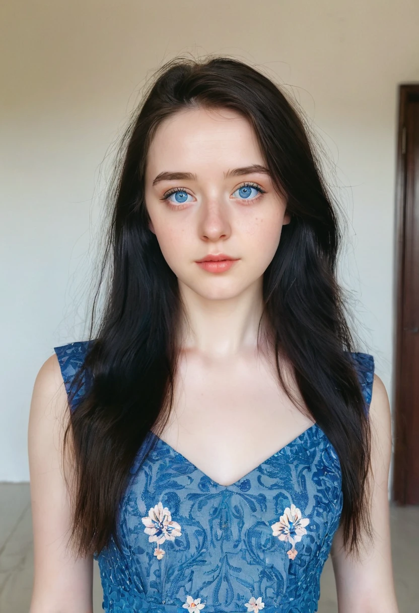 selfie face snapshot, 19 yrs old woman, 1.65m high, dark shoulder-length hair, open hair, a strand of hair on the face, blue eyes, standing, sandals, blue dress, perfect face, (Kontakt Iris: 1.1), pale skin, some skin blemishes, several birthmarks, skin pores, low depth of field, soft light, low light, masterpiece, 8K, (Beautiful eyes with very delicate:1.3),(beautiful big clear eyes)