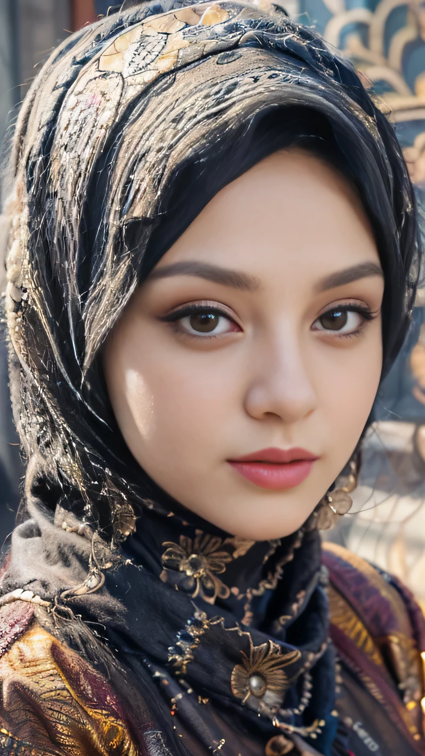 (best quality,4k,highres),vivid colors,close-up,beautiful eyes,beautiful detailed lips,detailed eyelashes,expressive face,confident expression,modern muslim woman,hijab fashion,colorful background,stylish accessories,striking red jacket,contrast with background,graceful posture,indoor setting,fashionista,proud of her heritage,joyful mood,fashion-forward,girlpower,strong and independent woman,positive attitude,eyebrows on fleek,professional makeup,contemporary fashion,emphasize the eyes,flawless skin,shimmering lipstick,high-quality photography,portrait photography,hijab style inspiration,empowered and elegant,lens flare effect,soft lighting,studio shot,embrace diversity,celebrate individuality,cultural pride.