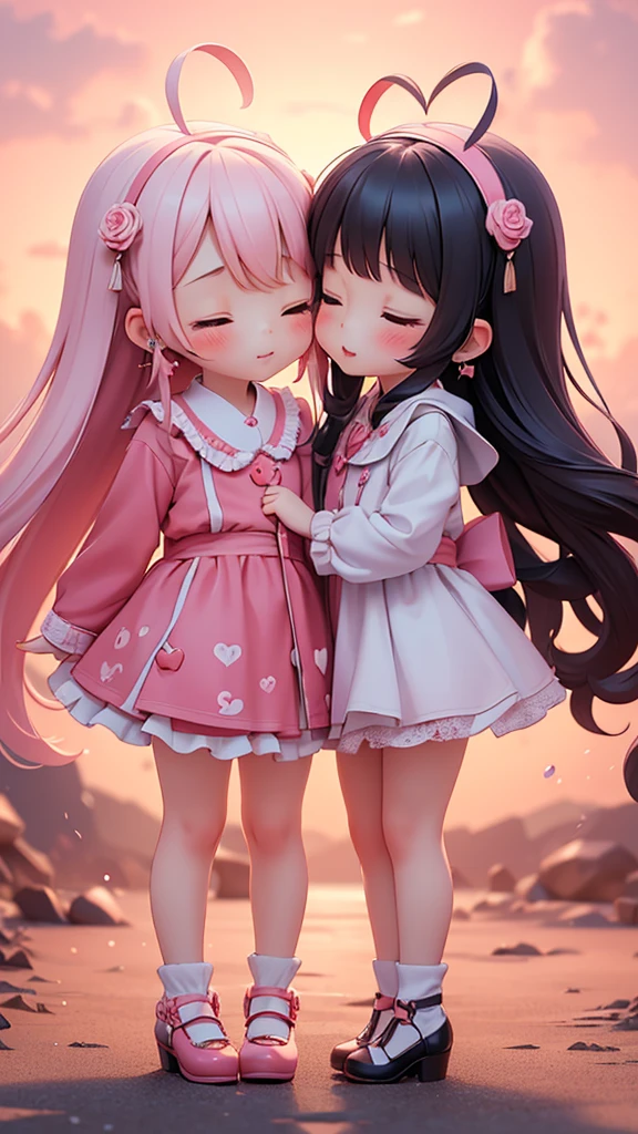 ((petite bishojo, 2girls)), ((kawaii face)), ((heart-shaped pupils)), (masterpiece), (top quality), ((hyper detailed)), (beautiful and aesthetic), (super detailed skin), (high standard), (high resolution), (perfect anatomy), (full body), (red cheek), ((jirai kei, ground mine)), (earring), (lipstick), ((closed eyes, cheek to kiss))
