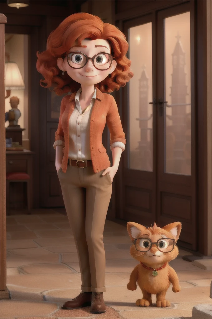 masterpiece, best quality, a ginger woman with glasses wearing a costar, standing in an Hollywood studios