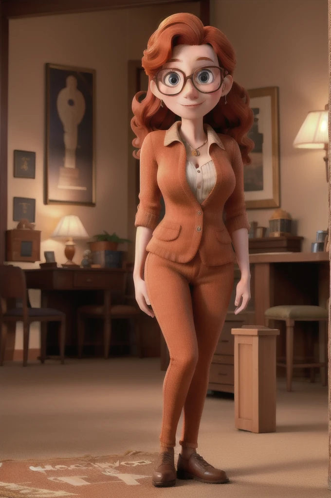 masterpiece, best quality, a ginger woman with glasses wearing a costar, standing in an Hollywood studios 