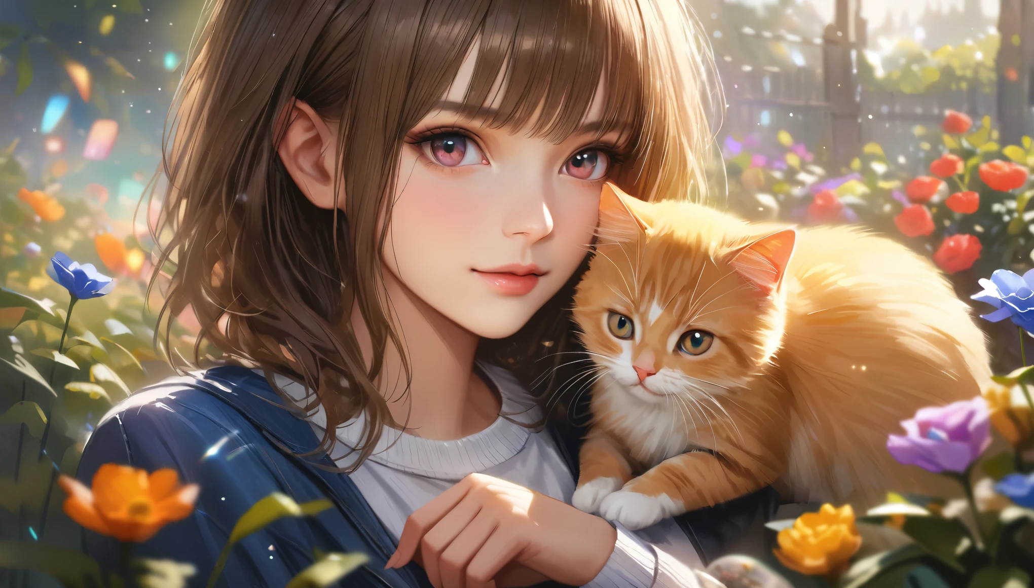 garden, Cute kitten,Blur the background,Glitter effect,Highest quality, 8K, High resolution, masterpiece:1.2, Very detailed, Realistic:1.37, High resolution, 超High resolution, Ultra-fine painting, Very detailed, Professional, Vibrant colors