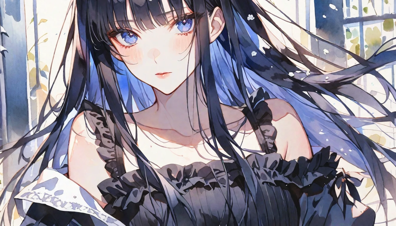 solo, handsome, Watercolor,
1. Female,
Hime cut,Straight Hair,long Hair, ツインテール,
black hair, 
blue Eyes,Soft look,Lolita,
black Off Shoulder,Thin knit,
skin,雨,虹,
Stylish bar background,