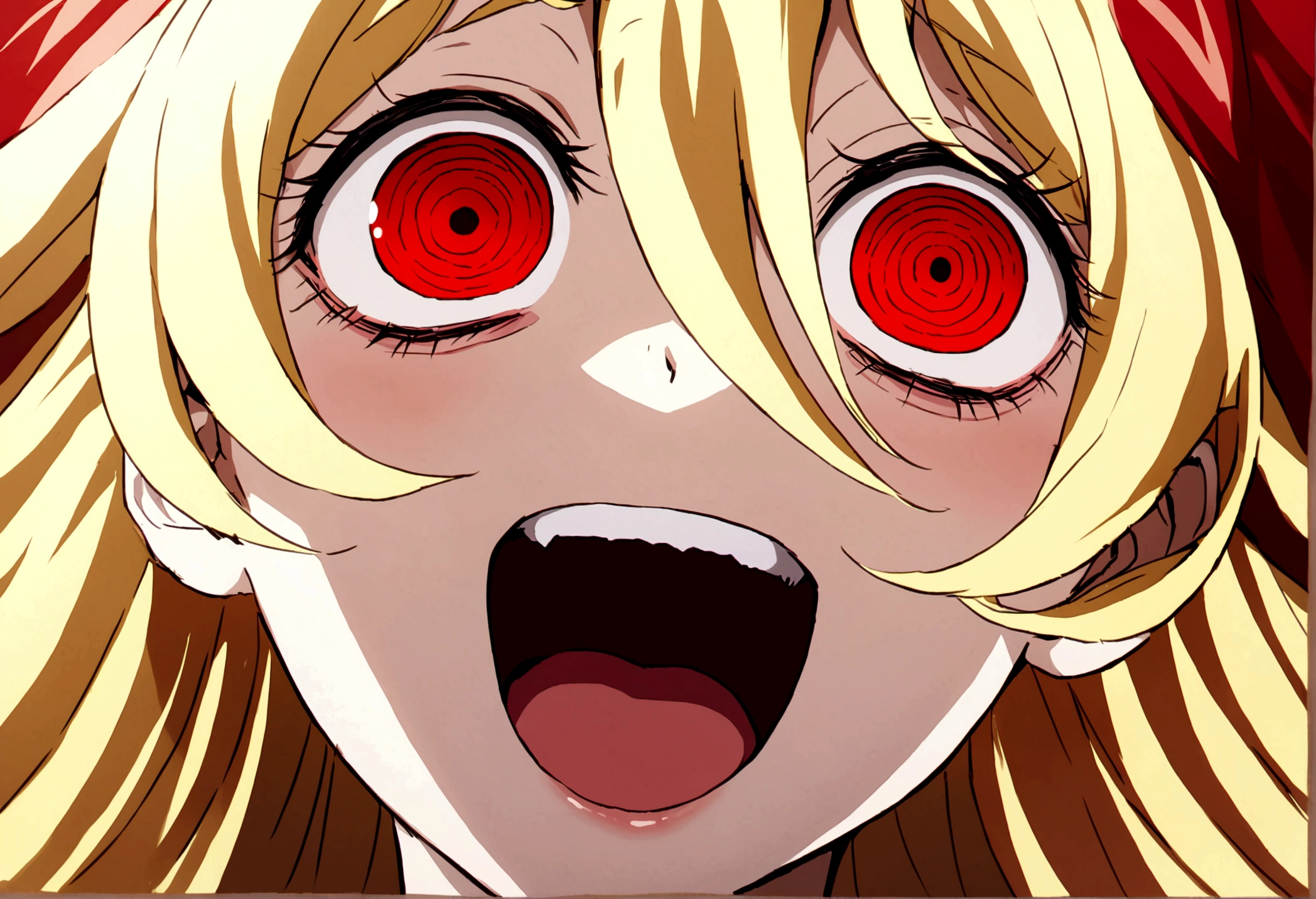 Too many Crazy eyes laughing Yandere Crazy anime woman. Looking. Red Shining eyes. Yellow hair