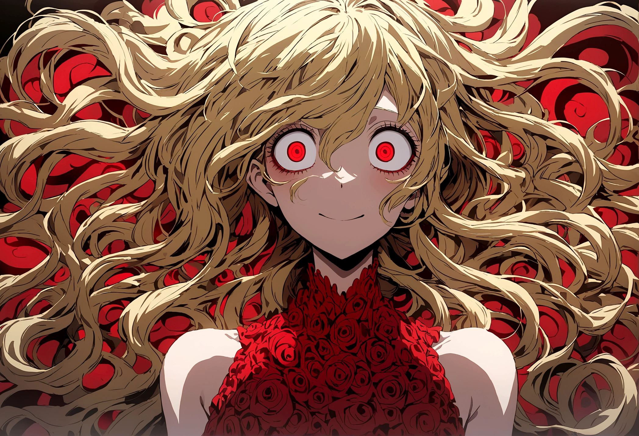 Too many Crazy eyes laughing Yandere Crazy anime woman. Looking. Red Shining eyes. Yellow hair
