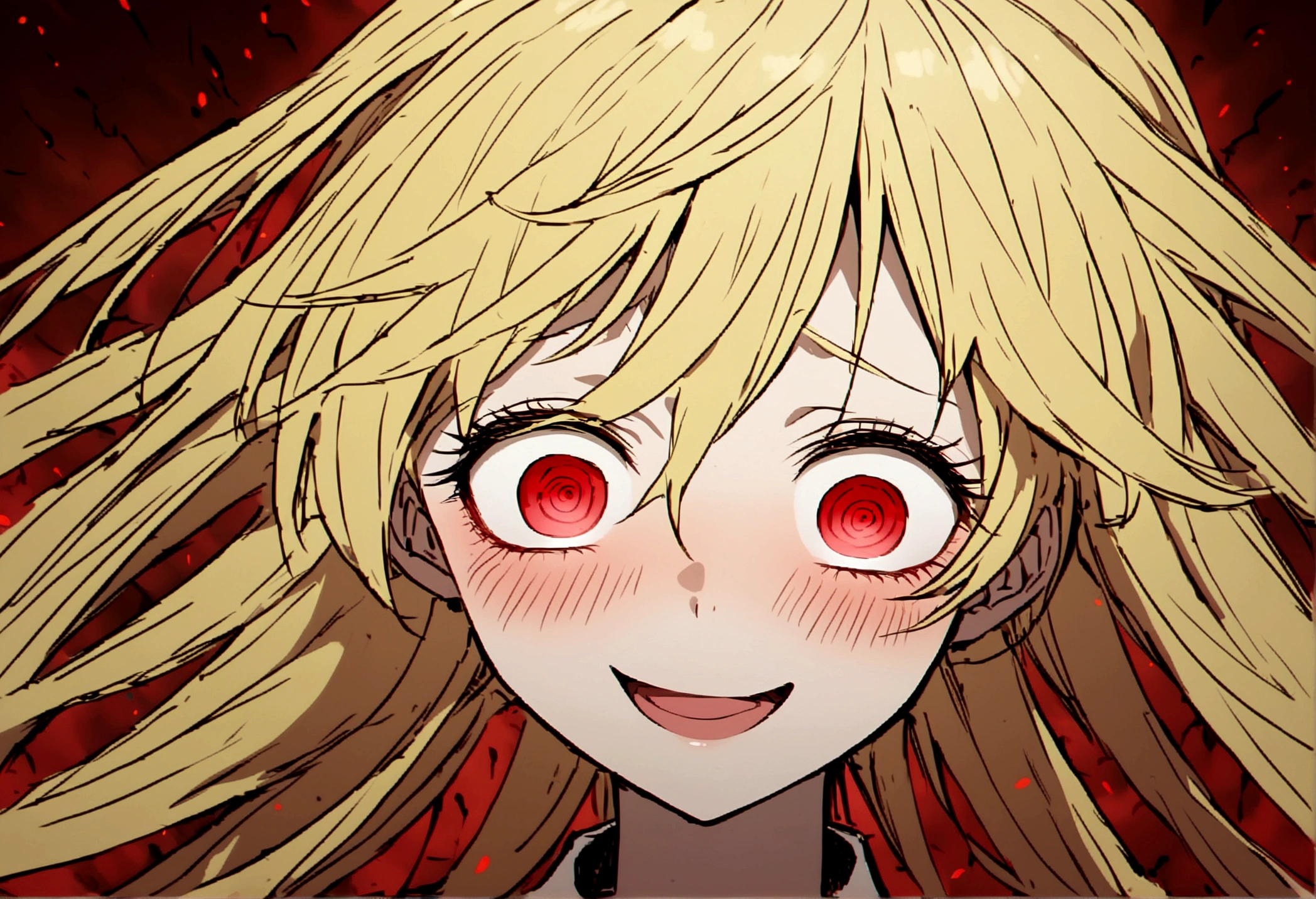 Too many Crazy eyes laughing Yandere Crazy anime woman. Looking. Red Shining eyes. Yellow hair