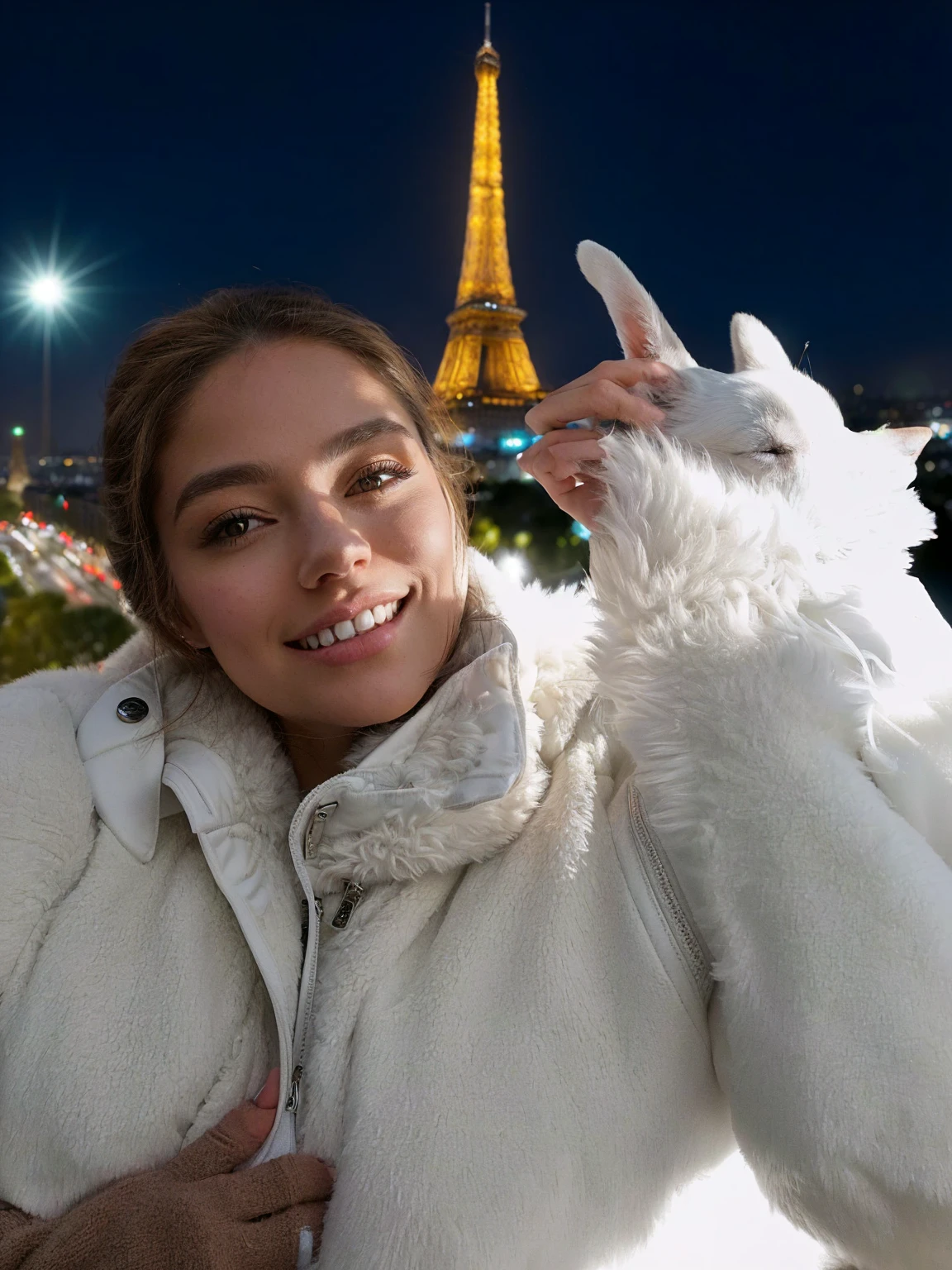 Woman in white jacket with white fur coat and white dog., with eiffel view, in Paris, in front of the eiffel tower, vacation photo, Paris, inspired by Victoria Francés, inspired by Marta Lacza, Snapchat photo, inspired by Amédée Ozenfant, photo the 2022, evening, nights