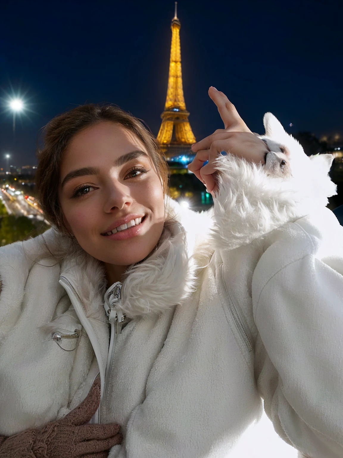 Woman in white jacket with white fur coat and white dog., with eiffel view, in Paris, in front of the eiffel tower, vacation photo, Paris, inspired by Victoria Francés, inspired by Marta Lacza, Snapchat photo, inspired by Amédée Ozenfant, photo the 2022, evening, nights