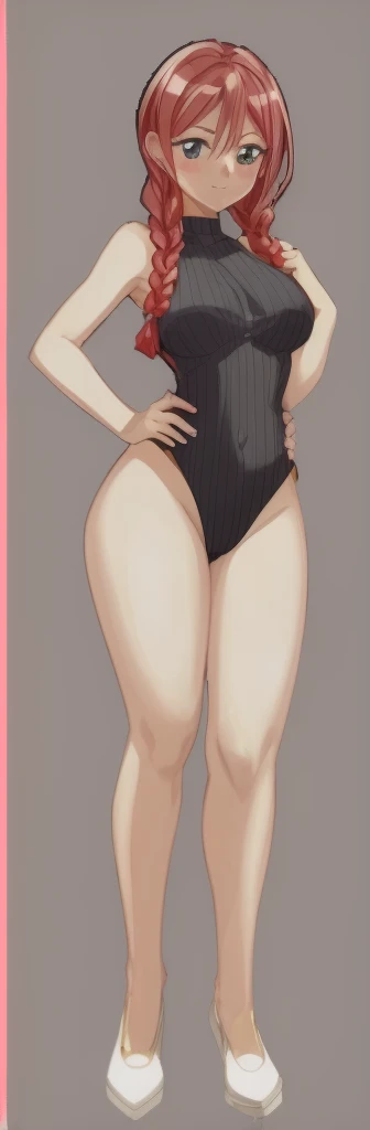 A beautiful woman with long, round hair and short braids is standing in a high-cut leotard that accentuates her breasts.。