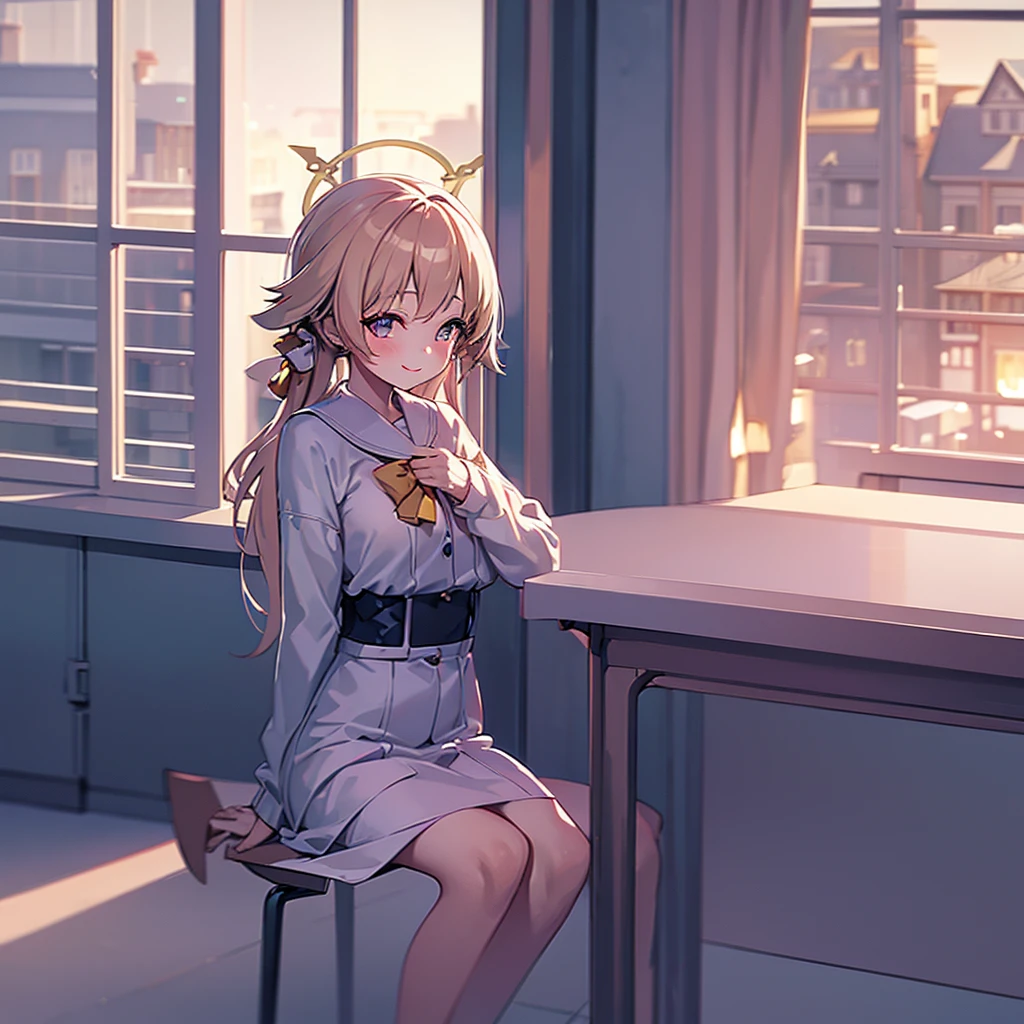 1 girl, masterpiece, best quality, Amazing, beautiful detailed eyes, finely detailed, depth of field, extremely detailed CG unity 8k wallpaper, full body, Hifumi (Blue Archive), halo, Default Clothes, Classroom, smile ,blush, wind, age, Looking at viewer, sitting, window.