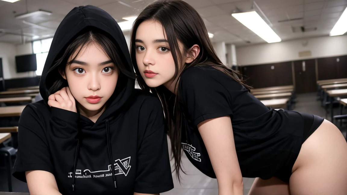 deux femmes ensemble de 18 ans sexy et mince , black short sleeve hoodie , salle de classe, se touche,position sey,sensuel