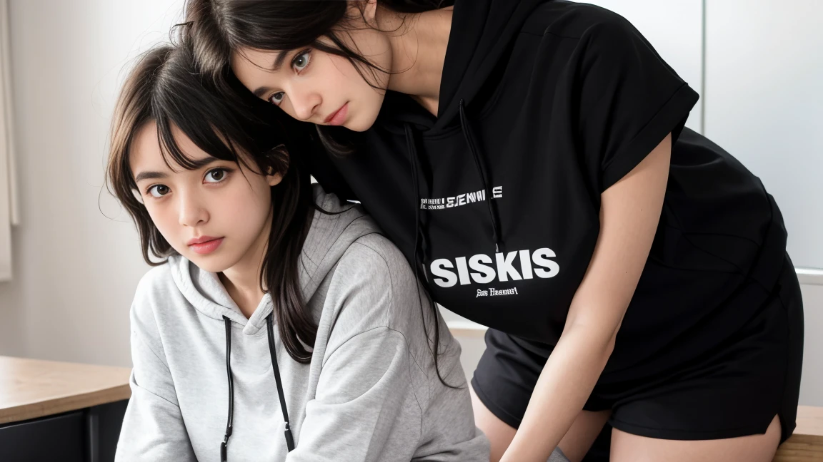deux femmes ensemble de 18 ans sexy et mince , black short sleeve hoodie , salle de classe, se touche,position sey,sensuel