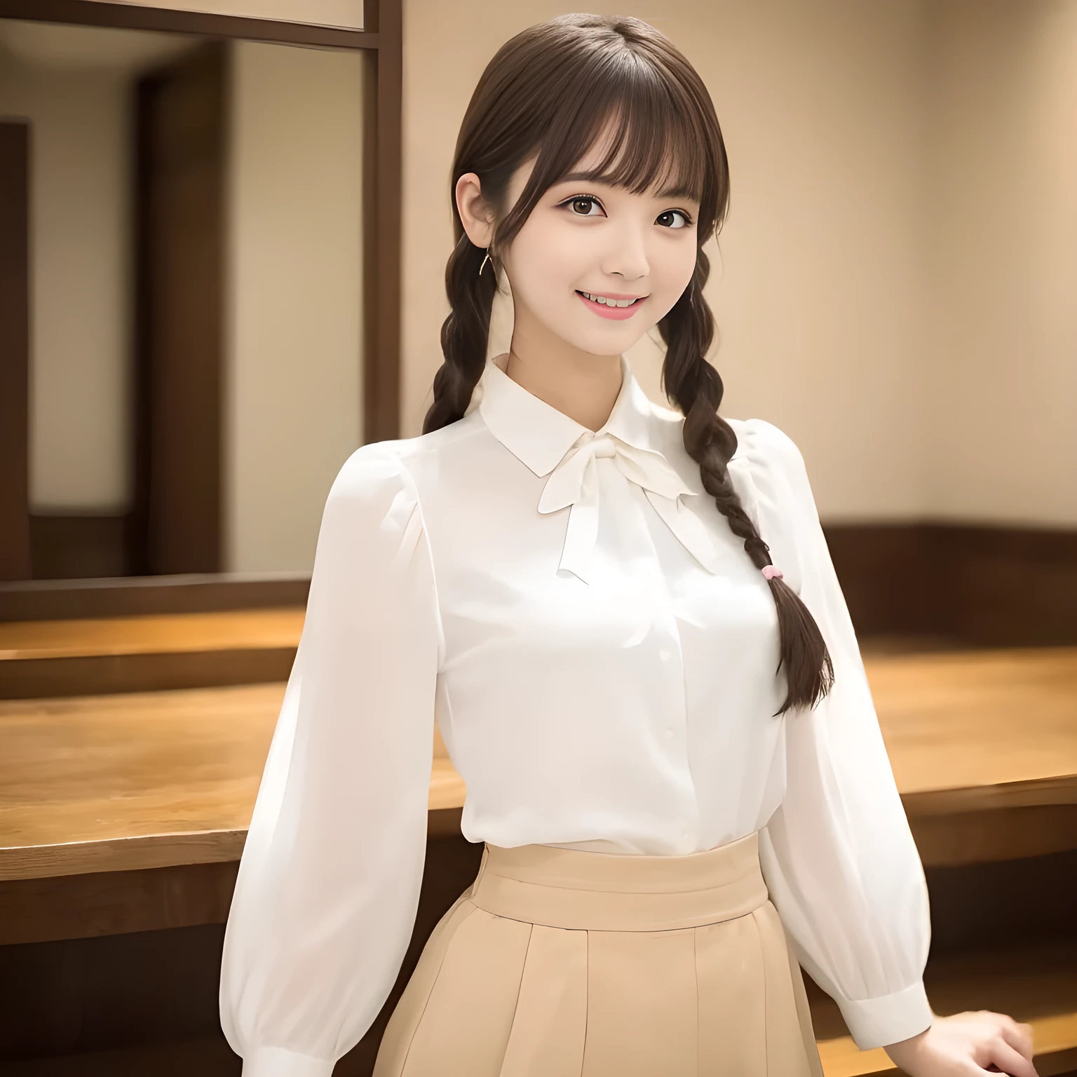 (highest quality, masterpiece:1.2), highest quality, High resolution, 1080P, 8K, Height: 158cm, ((A very intelligent, very noble, pretty and neat Japanese beautiful girl fashion model. Looking at the audience. Realistic fashion model)), ((((White face with plump cheeks)))), Glossy lips, (Evenly cut bangs), ((Very beautiful dark eyes)), The very large, shiny, wide red ribbon bow-tie on her chest is very cute., ((Black Hair)), ((long twin braids)), (((Cream colored blouse))), A neat uniform, Very lustrous, glossy lips, Open hand over open mouth, slender, Beautiful hair like a hair model, Cream colored long skirt, Watching the viewer and laughing, ((Incredibly well organized, The expression is rich. plump and beautiful skin and face)), ((Pure and clear eyes)), Long eyelashes, ((laughing at me!))
