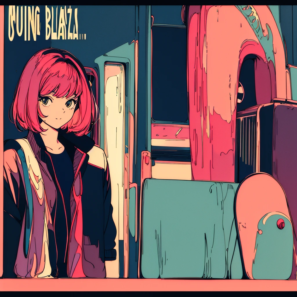 masterpiece, City Pop Style, Pink Hair, fluffy bob cut, Wearing headphones, Shoulder length, alone, Futuristic, still, praise, Retro, Vintage, Ghost, A light smile, 
Drinking cocktails at a jazz bar, (( Wide Shot)), ((Wet day)),Aspect Ratio 16:9