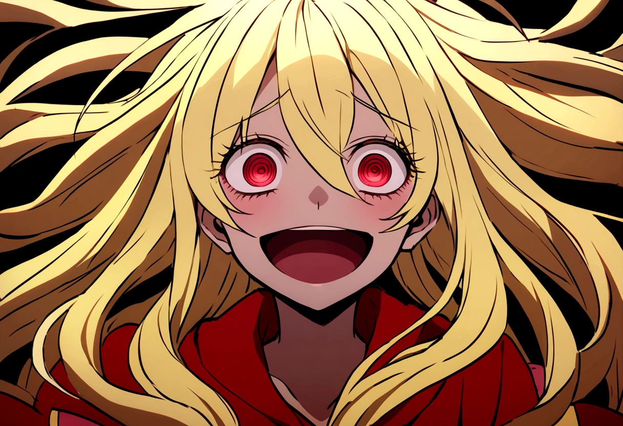 Too many Crazy eyes laughing Yandere Crazy anime woman. Looking. Red Shining eyes. Yellow hair
