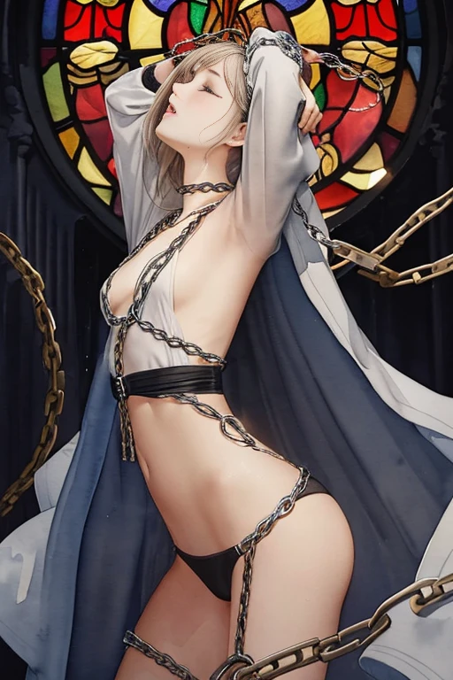 {(watercolor image:1.4),(renaissance style:1.2)}, BREAK, {erotic face,anguish,scream,(very very ecstasy:1.2),(writhing:1.4)},embarrassing,half open eye},{(very obscene pose:1.2),(arched back:1.2),(arch one's head:1.4),arms behind}, {(gray yukata:1.2), (wet clothes:1.1)}, BREAK, {(many Chains from all sides:1.4),(chains around the body:1.2), {(crotch chain shibari:1.2),(chain shibari:1.3),(chain bondage), (chain restraint),(chain bind limbs),(chain bind body),(chain in collar)):1.2, confinement, shackles}, BREAK, {(1 woman, small breasts), braid hair intricately},side view, {(dark church glowing stained glass:1.2)},BREAK,{glowing big tears,(enchanting eyes:1),extremely detail hair, (pure white skin:1.1)}