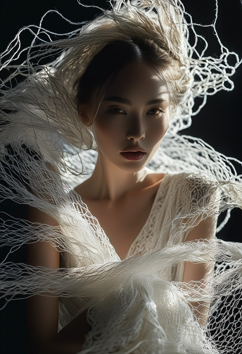 Female Model,Dark background,Backlight,Long white yarn,Michal Katz Style,Ultra-fine details,photography,4K