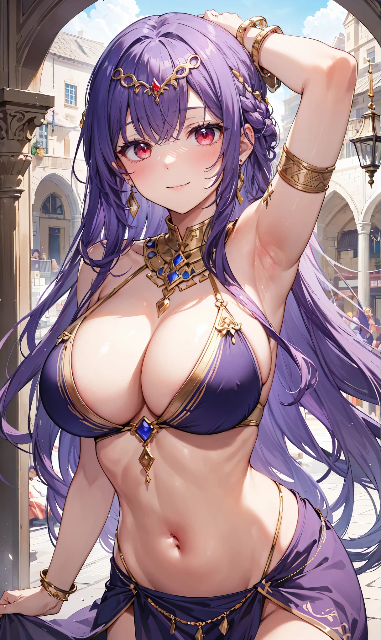 high quality, ultra detailed, best quality, insanely detailed, beautiful, masterpiece, 1girl, medieval plaza, cowboy shot, red eyes, long hair, purple hair, belly dancer, circlet, earrings, armlets, bracelets, bashful smile, large breasts, cleavage, soft stomach
