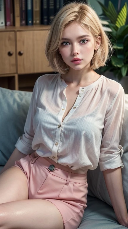 Create for me a blonde woman with short blonde hair, light brown eyes, 25 years old, serious and attractive, who works as an executive, has full and attractive lips with soft light pink lipstick, sitting reading a book with apprehension, noticing every detail of the words , she is wearing a red blouse and light blue shorts