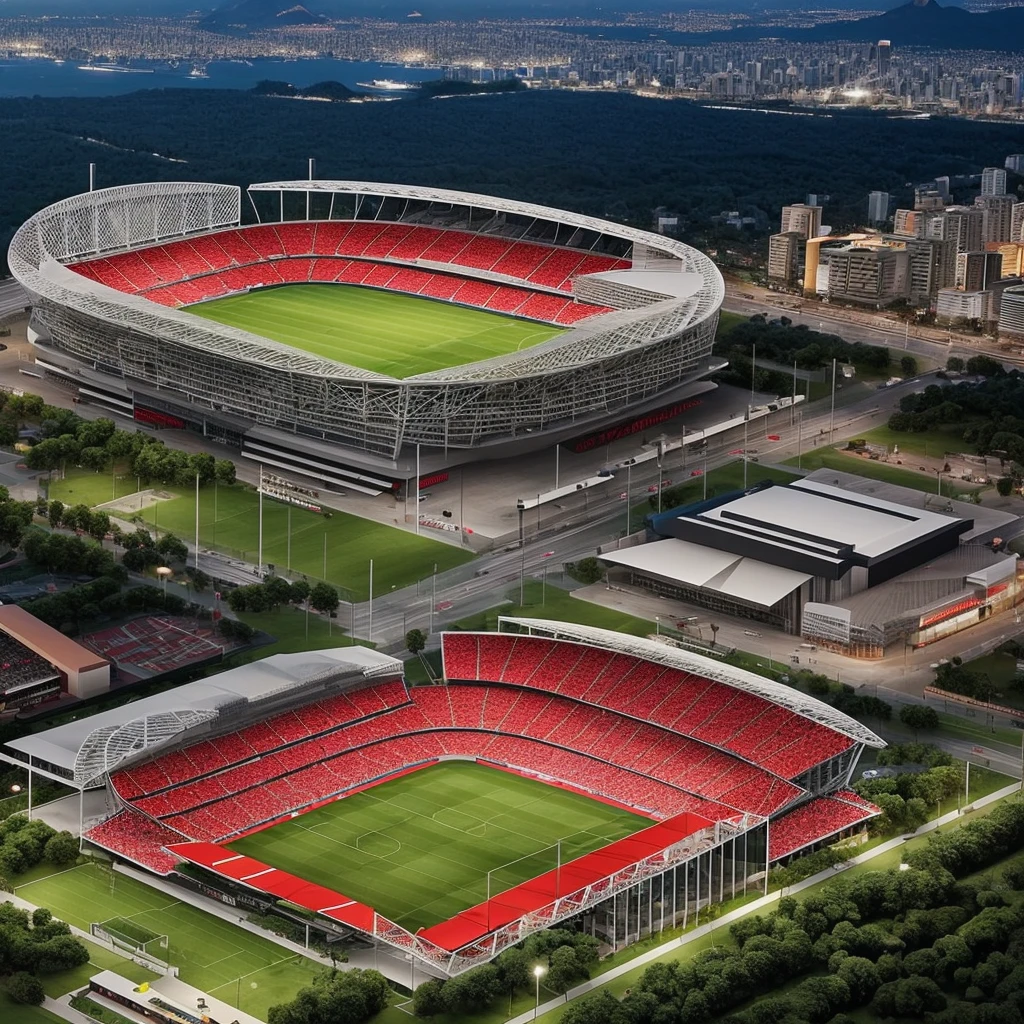 a project for a football stadium based on the Signal Iduna Park Stadium for the Rio de Janeiro club Flamengo with red and black colors 