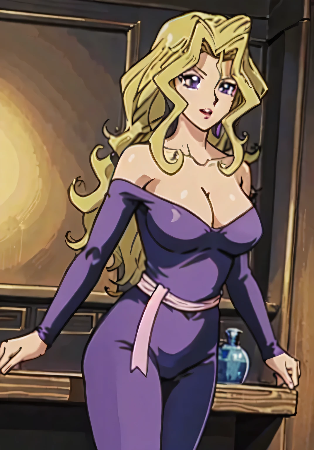 masterpiece、Highest quality、Anime Women、solo、Watching the audience、laugh at、Long Hair、bionde、eyelash、lipstick、Purple Eyes、Wavy Hair、Big Breasts、A woman with very large breasts、collarbone、Purple bodysuit、Off the shoulder、Long sleeve、Pink sash、