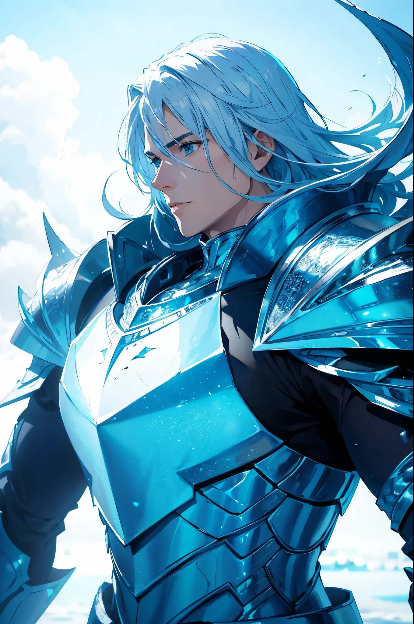 Ice knight, beautiful man with fine armor, intricate design, ocean blue details, silk, cinematic lighting, 4k, floating hair, sharp, prism, shining knight. Man with details armor.