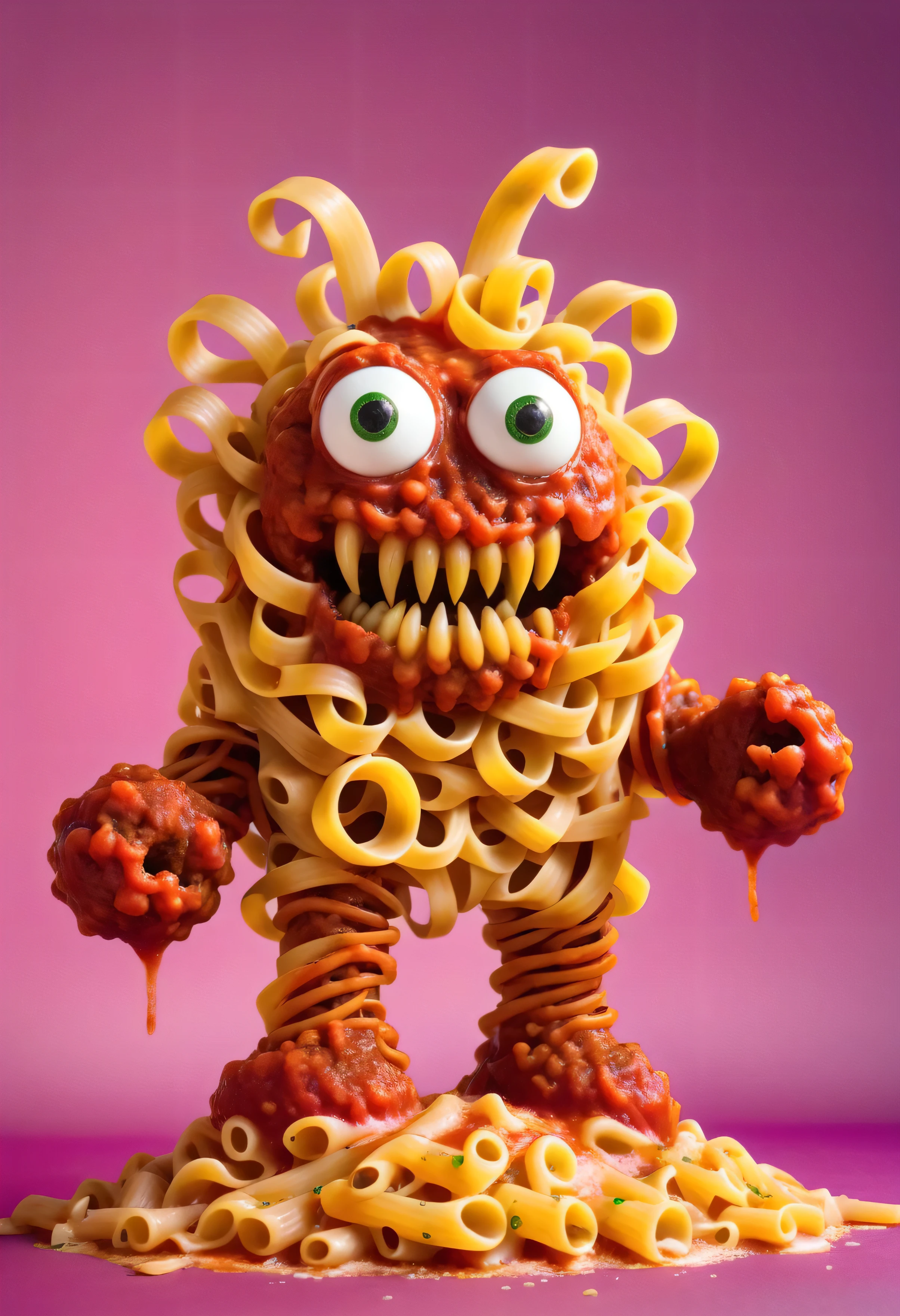 monster made from pasta and meatballs, marinara graffiti, standing, gradient background,