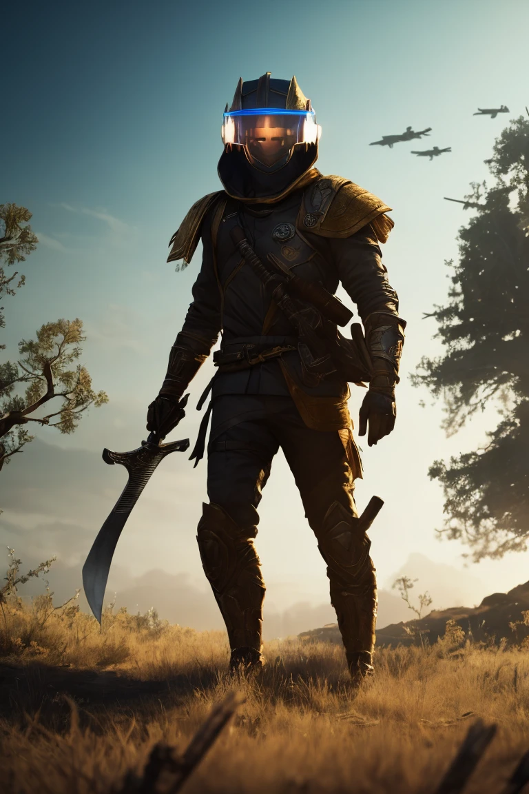 Best quality, masterpiece, 4K, 8K, wallpaper, game CG, concept art, Unreal Engine, 3D style, Octane Rendering, highly detailed CG, featured on ArtStation, character design, 1 boy, cute, Medium-Length Haircuts & Mid Fades hair style, wearing yellow protective hood, male warrior, superhero outfit, happy, running forward, cyberpunk, visor, sensor, sword, barren land, dry ground, dead trees, light cloudy sky, front view, full body, perfect lighting, Beeman character, holding a sword, wearing black glasses