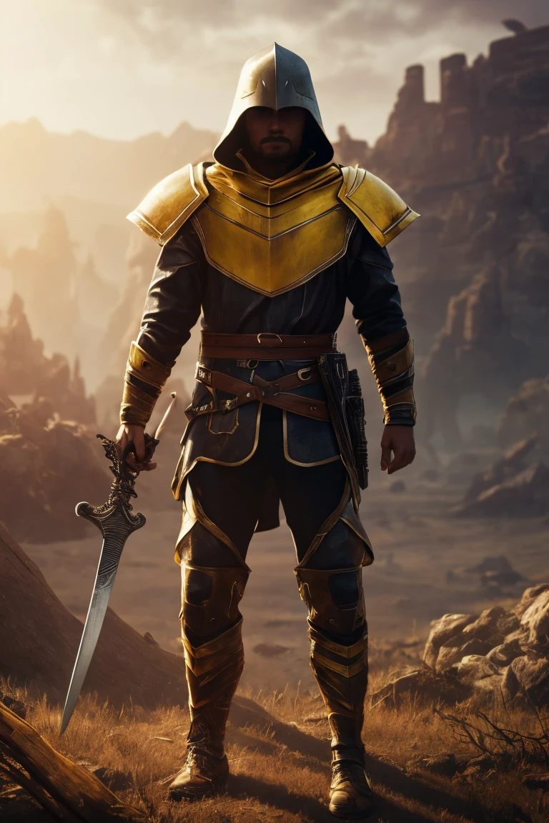 Best quality, masterpiece, 4K, 8K, wallpaper, game CG, concept art, Unreal Engine, 3D style, Octane Rendering, highly detailed CG, featured on ArtStation, character design, 1 boy, cute, Medium-Length Haircuts & Mid Fades hair style, wearing yellow protective hood, male warrior, superhero outfit, happy, running forward, cyberpunk, visor, sensor, sword, barren land, dry ground, dead trees, light cloudy sky, front view, full body, perfect lighting, Beeman character, holding a sword, wearing black glasses
