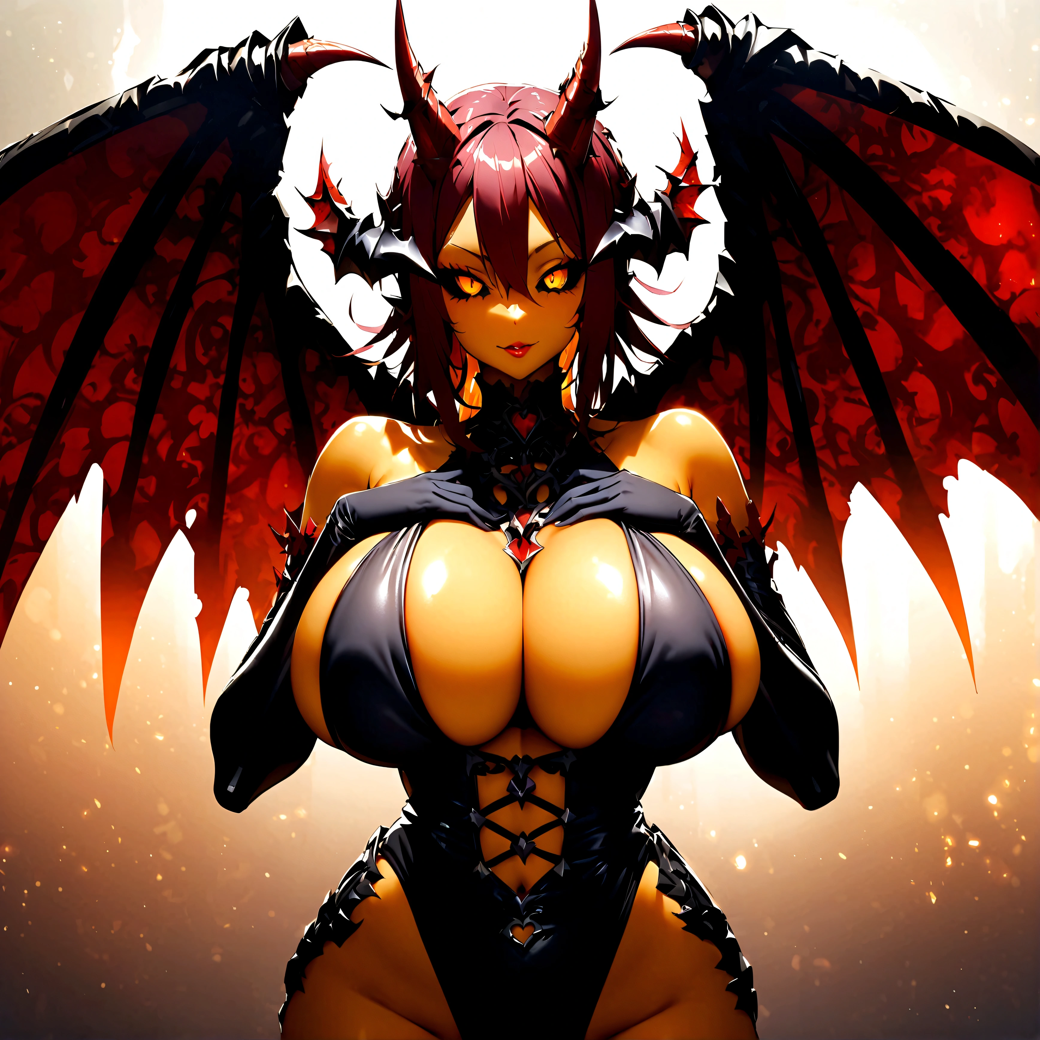 One girl、DemonicT、black sclera、Colored sclera、Colored skin、Yellow Eyes、Devil's Wings、Devil horns、elongated pupils、Big Tits Mature Woman、Red, yellow, orange aura、