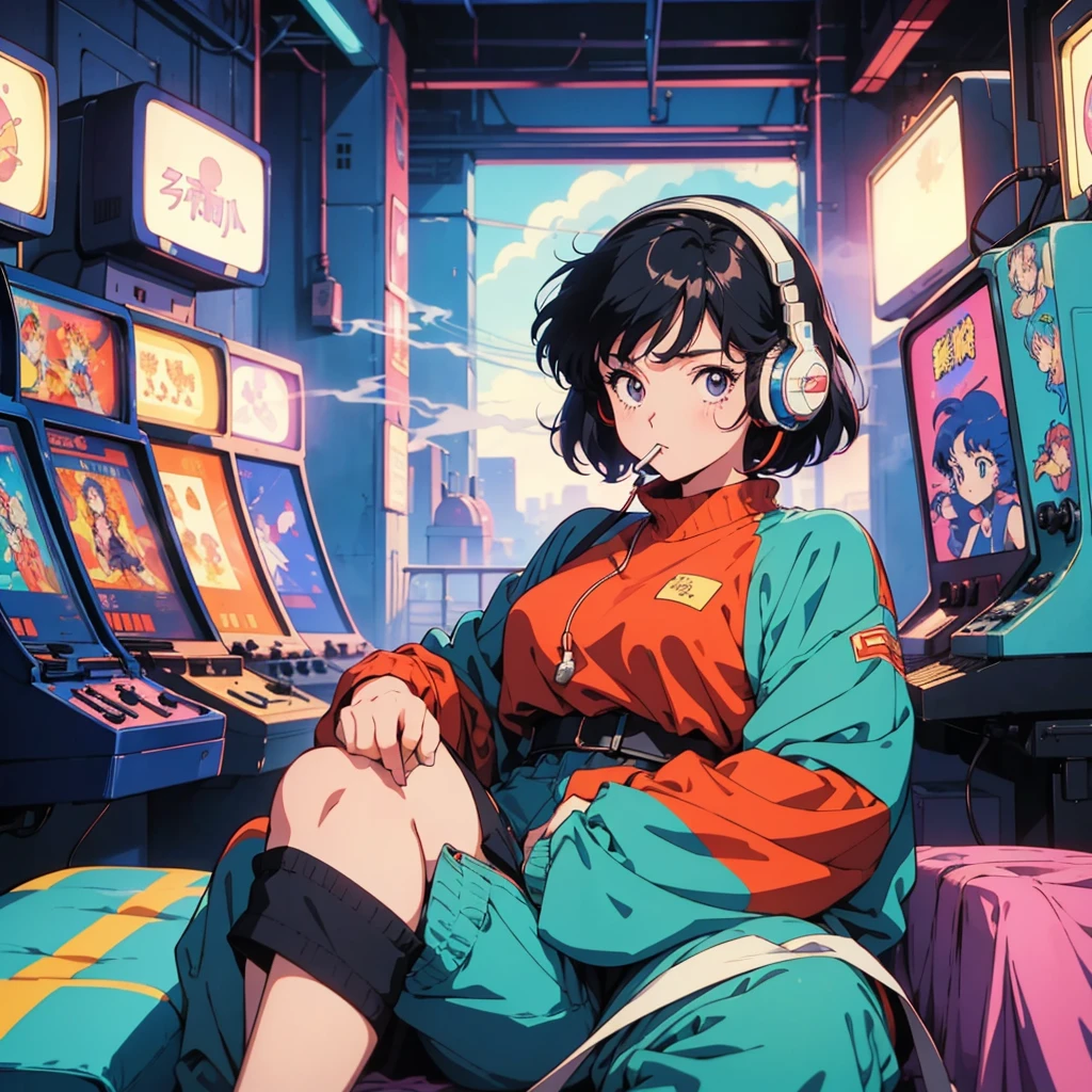 Retro arcade anime girl, 80年代のAnime atmosphere, 80s anime style, Retro Anime Girls, 1980's anime style, Retro anime images, Anime atmosphere, Playing games, Smoking、４ｋ、Wearing headphones