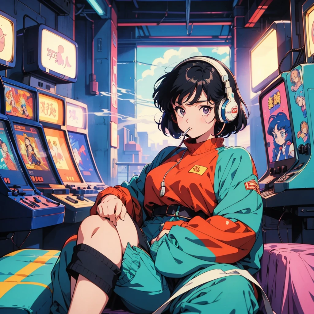 Retro arcade anime girl, 80年代のAnime atmosphere, 80s anime style, Retro Anime Girls, 1980's anime style, Retro anime images, Anime atmosphere, Playing games, Smoking、４ｋ、Wearing headphones