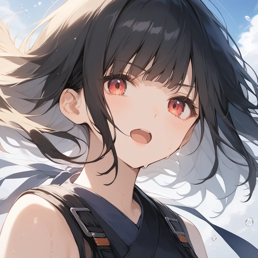 score_9, score_8_up, score_7_up, source_anime, best quality, masterpiece, official art, absurdres, highres, ultra-detailed,waifu2x,Collection: Slice of Life,break,1girl, very short hair, blunt bangs, bob cut, small breasts, serious eyes, beautiful detailed eyes, ninja, bike shorts, sweat, open mouth, heavy breathing, outdoors, wind, break,(clear line illustration:1.2),very high resolution, very aesthetic, super detailed skin, Best sexual lighting powered by famous artist, 8k,cute picture,beauty illustration,photoshop_(medium),,(Detailed Lighting),best anime 8k konachan wallpaper, pixiv contest winner, 