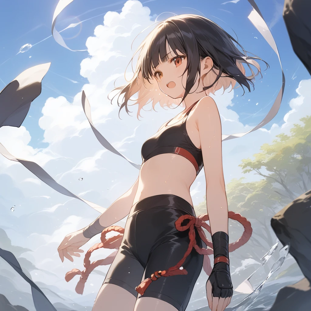 score_9, score_8_up, score_7_up, source_anime, best quality, masterpiece, official art, absurdres, highres, ultra-detailed,waifu2x,Collection: Slice of Life,break,1girl, very short hair, blunt bangs, bob cut, small breasts, serious eyes, beautiful detailed eyes, ninja, bike shorts, sweat, open mouth, heavy breathing, outdoors, wind, break,(clear line illustration:1.2),very high resolution, very aesthetic, super detailed skin, Best sexual lighting powered by famous artist, 8k,cute picture,beauty illustration,photoshop_(medium),,(Detailed Lighting),best anime 8k konachan wallpaper, pixiv contest winner,