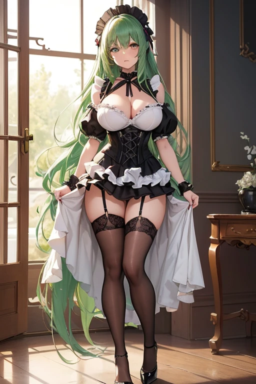 /(Girl),(anime),(long green hair and green eyes),(18 years old),(full body with GL size breasts),(and big ass),(white),(wearing),+,(dressed in a provocative maid costume. The outfit consists of a tight-fitting white apron over a black corset, emphasizing her voluptuous bust and narrow waist. The apron has a deep neckline that exposes a generous cleavage, supported by two satin bows in the center. The corset has long laces at the back, cinching your torso and accentuating your hourglass figure. Her skirt is a short, pleated black number that barely reaches mid-thigh, giving a tantalizing glimpse of her toned thighs and shapely legs when she moves. A ruffled white petticoat peeks out from underneath, adding an extra layer of femininity and innocence to the overall look. On her feet, she wears black stiletto heels with a subtle ankle strap, elongating her legs and making her look even more attractive. Her hair is styled in loose, sensual waves, framing her face and drawing attention to her full lips, painted a deep crimson shade. To complete the look, she carries a feather duster, not as a cleaning tool, but rather as a playful prop that she uses to caress and touch herself provocatively as she moves, subtly hinting at her true intentions beneath the innocent facade of an obedient person. . housekeeper. The overall effect is one of irresistible sexuality and seduction, packaged in classic yet outrageously modern attire.)